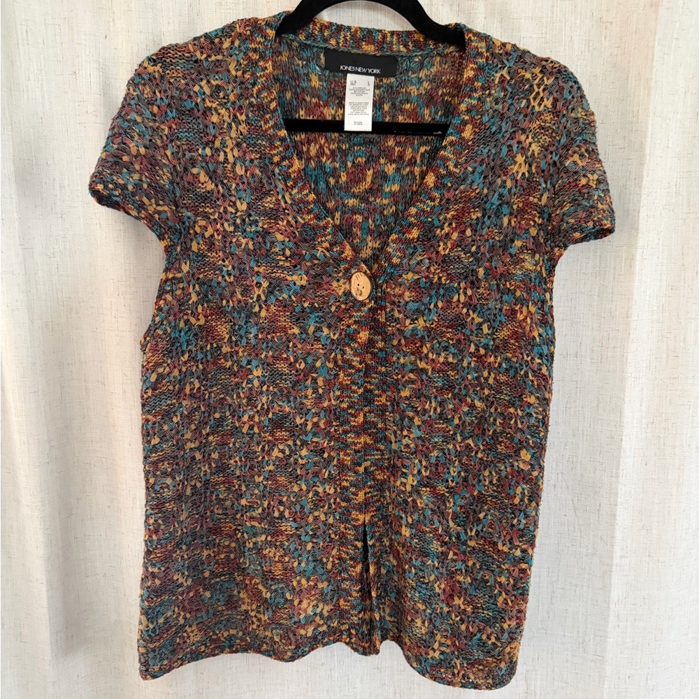 Jones New York Multicolored Knit V-Neck Short Sleeve Top Vest
